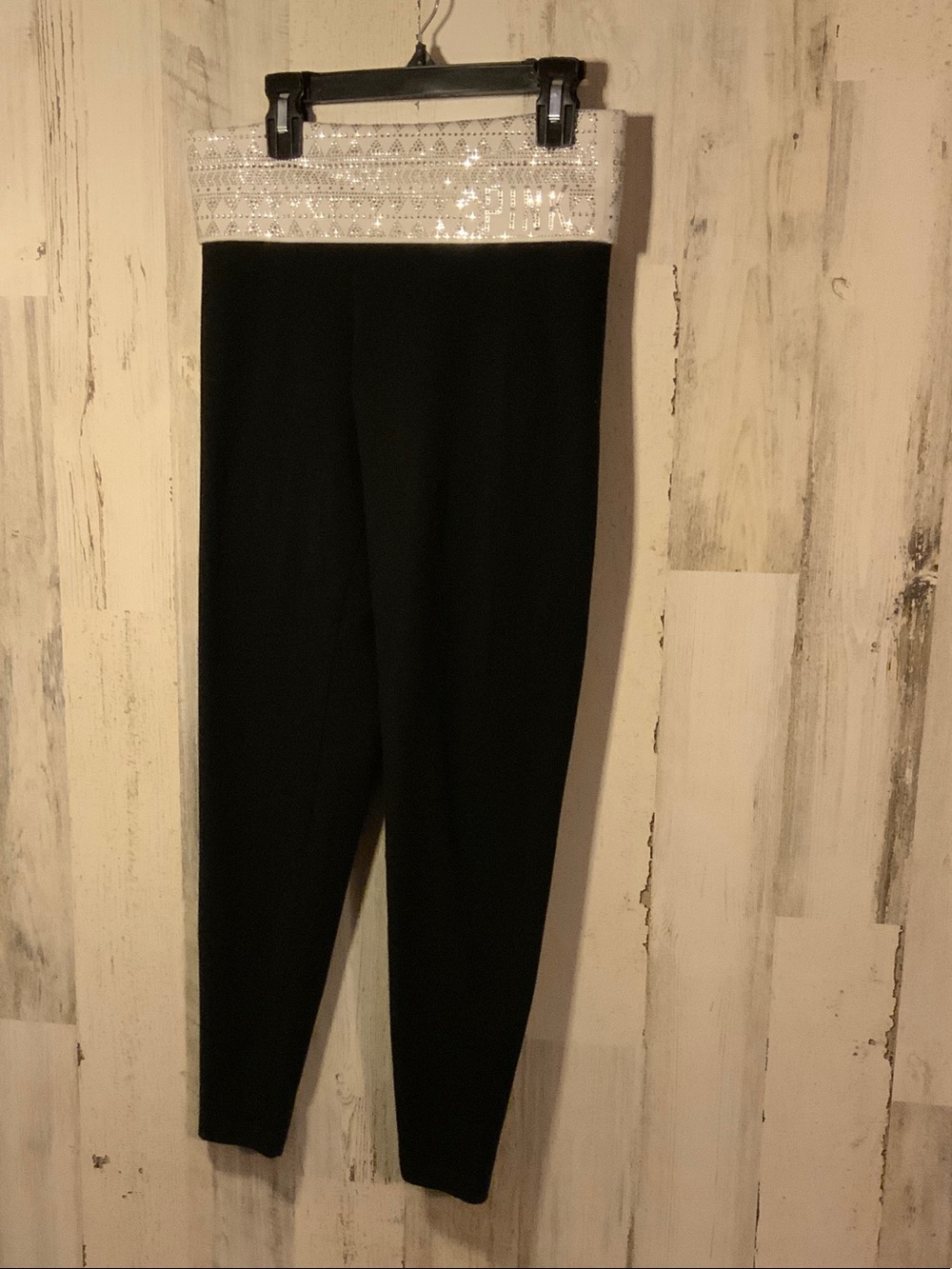 PINK Victoria's Secret Black Leggings with White Sequin Fold-Over Waistband